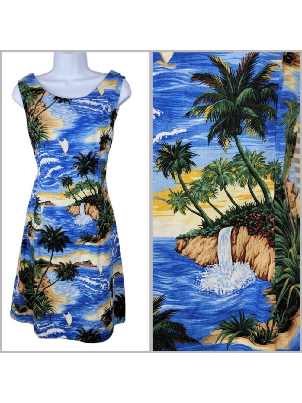 Hawaiian Tropical Sheath Dress size XL Beach Palm Tree Luau Vintage 90s Blue